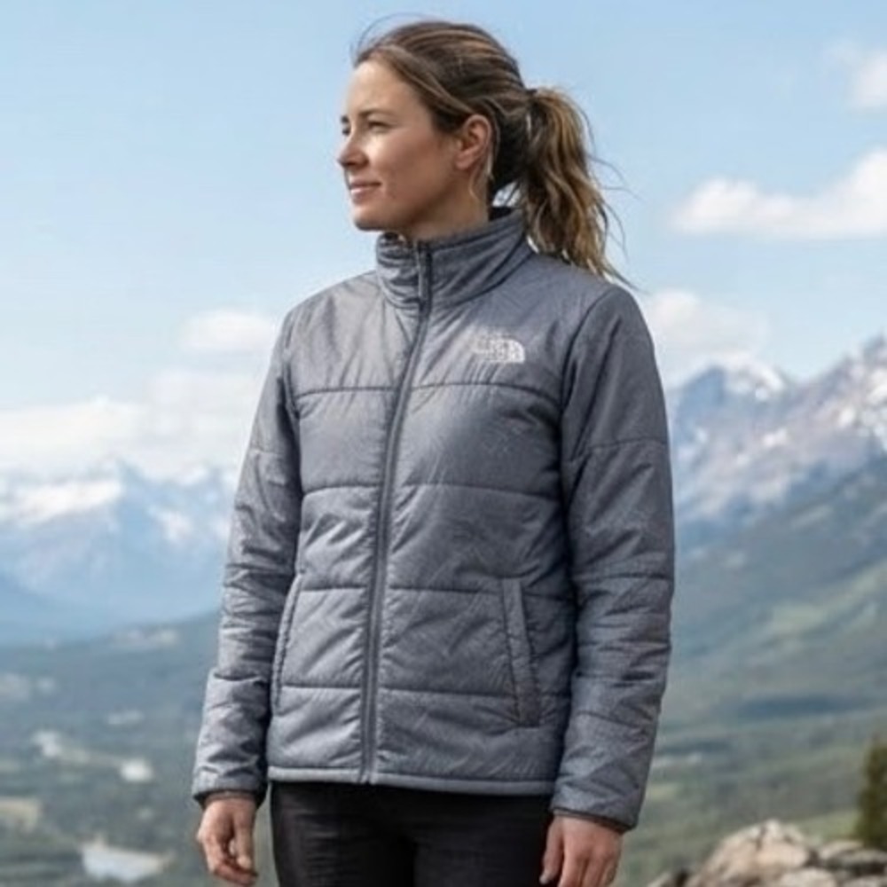 The North Face Womens Grey Geometric Grid Full Zip Puffer Jacket Size Medium